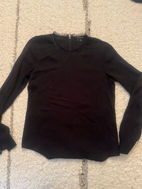 Theory Black Long-Sleeve Silk Crewneck Blouse
